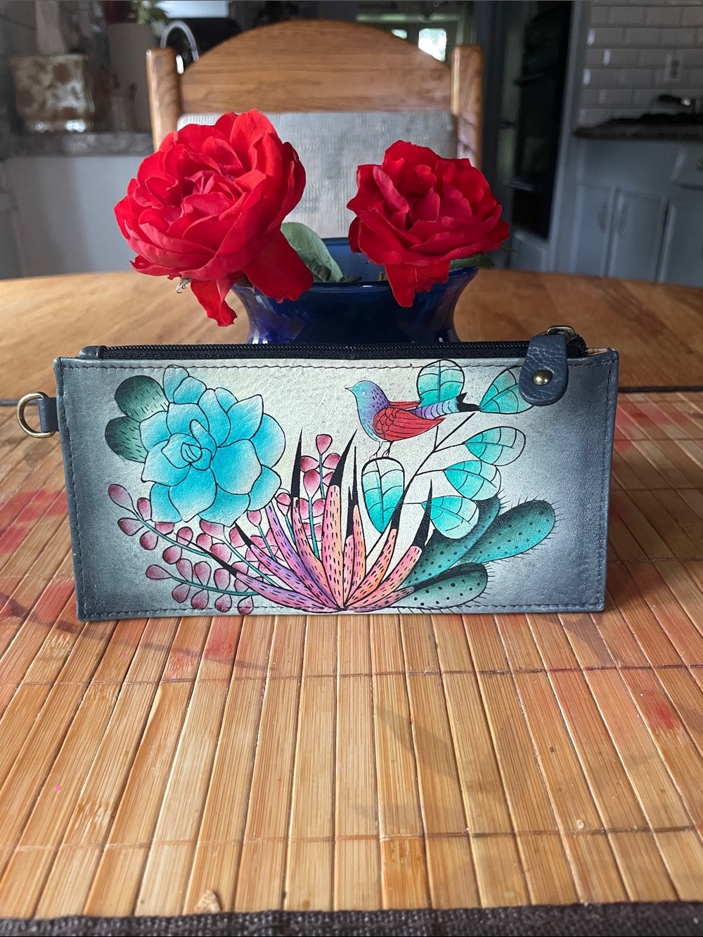 Anuschka Hand-Painted Floral & Bird Leather Wallet — Teal, Turquoise, Pink